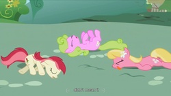 Size: 1176x662 | Tagged: safe, screencap, daisy, flower wishes, lily, lily valley, roseluck, applebuck season, g4, season 1, eyes closed, flower trio, meme, playing dead, the horror, tongue out, youtube caption