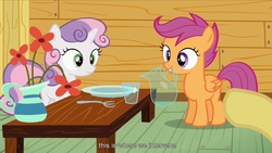Size: 1176x662 | Tagged: safe, edited screencap, screencap, apple bloom, scootaloo, sweetie belle, g4, one bad apple, caption, cutie mark crusaders, mouth hold, youtube caption