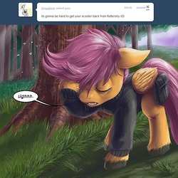 Size: 600x600 | Tagged: safe, artist:aphexangel, scootaloo, pony, ask stalkerloo, g4, ask, clothes, female, solo, stalkerloo, tree, tumblr