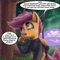 Size: 600x600 | Tagged: safe, artist:aphexangel, scootaloo, pony, ask stalkerloo, g4, ask, clothes, female, hooves, solo, stalkerloo, tree, tumblr, unshorn fetlocks