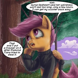 Size: 600x600 | Tagged: safe, artist:aphexangel, scootaloo, pony, ask stalkerloo, g4, ask, clothes, female, filly, foal, forest, hooves, nature, solo, stalkerloo, tree, tumblr, unshorn fetlocks