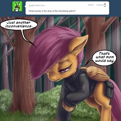 Size: 600x600 | Tagged: safe, artist:aphexangel, scootaloo, pony, ask stalkerloo, g4, ask, clothes, female, hooves, solo, stalkerloo, tree, tumblr
