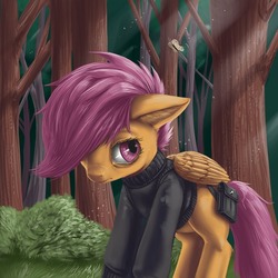 Size: 600x600 | Tagged: safe, artist:aphexangel, scootaloo, pony, ask stalkerloo, g4, ask, clothes, crepuscular rays, female, filly, foal, forest, nature, solo, stalkerloo, tree, tumblr