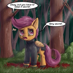 Size: 600x600 | Tagged: safe, artist:aphexangel, scootaloo, pony, ask stalkerloo, g4, ask, clothes, crepuscular rays, female, filly, foal, forest, nature, not blood, secret, solo, stalkerloo, tree, tumblr