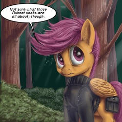 Size: 600x600 | Tagged: safe, artist:aphexangel, scootaloo, pony, ask stalkerloo, g4, ask, clothes, female, implications, solo, stalkerloo, tree, tumblr
