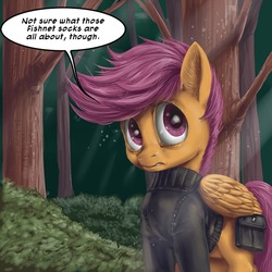 Size: 600x600 | Tagged: safe, artist:aphexangel, scootaloo, pony, ask stalkerloo, g4, ask, clothes, crepuscular rays, female, filly, foal, forest, implications, nature, solo, stalkerloo, tree, tumblr