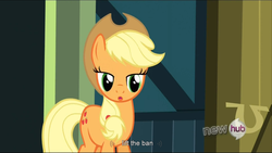 Size: 1360x768 | Tagged: safe, screencap, applejack, g4, one bad apple, hub logo, youtube caption