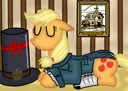 Size: 862x613 | Tagged: safe, artist:wisewatcher, applejack, earth pony, pony, g4, clothes, eyes closed, female, hat, prone, solo, top hat