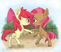 Size: 1500x1300 | Tagged: safe, artist:silbersternenlicht, apple bloom, babs seed, earth pony, pony, g4, dancing, duo, female, filly, foal, hooves, lesbian, ship:appleseed, shipping, unshorn fetlocks