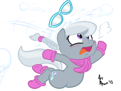 Size: 800x600 | Tagged: safe, artist:aa, silver spoon, earth pony, pony, g4, abuse, clothes, female, filly, glasses, gloves, mittens, scarf, silverbuse, snow, snowball, snowball fight, solo, spoonabuse, winter