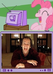 Size: 433x597 | Tagged: safe, pinkie pie, earth pony, human, pony, g4, exploitable meme, jack nicholson, jack torrance, meme, the shining, tv meme