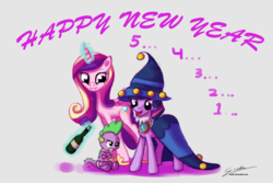 Size: 1500x1000 | Tagged: safe, artist:esuka, princess cadance, spike, twilight sparkle, alicorn, pony, unicorn, g4, 2013, baby, baby new year, crossed arms, cute, diaper, female, frown, glare, grin, happy new year, levitation, magic, mare, open mouth, simple background, sitting, smiling, star swirl the bearded costume, telekinesis, text, unamused, white background