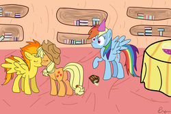 Size: 3000x2000 | Tagged: safe, artist:fipse, applejack, rainbow dash, spitfire, earth pony, pegasus, pony, g4, blushing, butt, drunk, drunk aj, drunker dash, female, kissing, lesbian, mare, plot, ship:applefire, shipping, tipsyfire, trio, wingboner