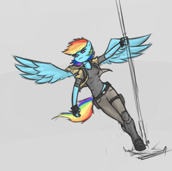 Size: 1067x1058 | Tagged: safe, artist:poptart36, rainbow dash, anthro, g4, clothes, female, front view, full body, gray background, simple background, solo, spread wings, wings