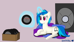 Size: 1920x1080 | Tagged: safe, artist:verminshy, dj pon-3, vinyl scratch, pony, unicorn, g4, angry, lying down, magic, pillow, record, solo, speaker, telekinesis