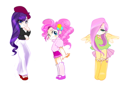 Size: 656x448 | Tagged: safe, artist:nottoc, fluttershy, pinkie pie, rarity, human, g4, clothes, humanized, mary janes, pixiv, skirt, winged humanization