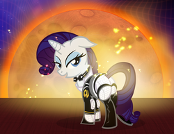 Size: 1200x927 | Tagged: safe, artist:pixelkitties, rarity, pony, g4, bedroom eyes, butt, crossover, female, mass effect, miranda lawson, plot, rearity, solo, sun