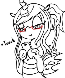 Size: 672x800 | Tagged: safe, artist:maren, queen chrysalis, changeling, changeling queen, anthro, g4, alternate hairstyle, female, glasses, monochrome, phone, pixiv, solo