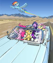 Size: 3345x4000 | Tagged: safe, artist:vombavr, applejack, fluttershy, pinkie pie, rainbow dash, rarity, twilight sparkle, g4, car, desert, driving, high res, mane six, scenery