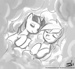 Size: 800x733 | Tagged: safe, artist:johnjoseco, rainbow dash, twilight sparkle, g4, cloud, cloudy, grayscale, monochrome, sleeping