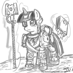 Size: 1280x1280 | Tagged: safe, artist:johnjoseco, twilight sparkle, g4, crossover, grayscale, librarian, monochrome, power armor, powered exoskeleton, psyker, space marine, warhammer (game), warhammer 40k