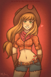 Size: 531x800 | Tagged: dead source, safe, artist:k-y-h-u, applejack, human, g4, belly button, breasts, busty applejack, clothes, cutie mark on human, daisy dukes, female, gloves, hat, humanized, midriff, solo, wide hips