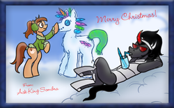 Size: 985x611 | Tagged: safe, artist:wiggles, king sombra, oc, oc:coffee talk, crystal pony, earth pony, pony, ask king sombra, g4, button, carrot, christmas, earmuffs, holiday, snowpony, tumblr, winter