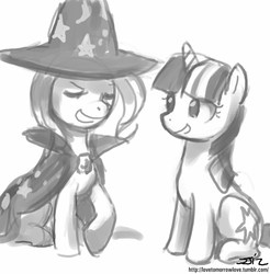 Size: 837x850 | Tagged: safe, artist:johnjoseco, trixie, twilight sparkle, pony, unicorn, g4, cape, clothes, eyes closed, female, grayscale, hat, lesbian, mare, monochrome, open mouth, ship:twixie, shipping, signature, simple background, sitting, trixie's cape, trixie's hat, unicorn twilight, white background