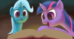 Size: 1225x652 | Tagged: safe, artist:odooee, trixie, twilight sparkle, g4, book, duo, let me read you my fanfic