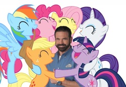 Size: 729x505 | Tagged: safe, applejack, fluttershy, pinkie pie, rainbow dash, rarity, twilight sparkle, g4, billy mays, group hug, hug, mane six, meme