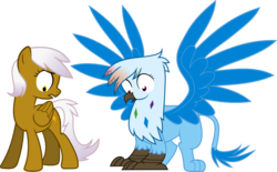 Size: 1000x618 | Tagged: safe, artist:lunchwere, gilda, rainbow dash, griffon, pegasus, pony, g4, duo, duo female, female, folded wings, griffonized, mare, ponified, pony gilda, rainbow griffon, simple background, species swap, spread wings, transparent background, wings