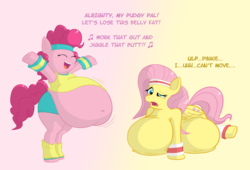 Size: 1578x1071 | Tagged: safe, artist:blubberwhale, fluttershy, pinkie pie, earth pony, pegasus, pony, g4, belly, belly button, big belly, clothes, fat, fattershy, jiggle, obese, pudgy pie