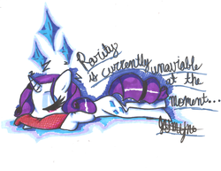 Size: 2179x1684 | Tagged: safe, artist:queenmoonlight101, rarity, pony, g4, female, misspelling, pillow, sleepy, solo, traditional art