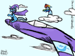 Size: 5000x3733 | Tagged: safe, artist:vegemiteguzzler, rainbow dash, trixie, g4, aircraft, cloud, cloudy, flying, plane