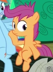 Size: 244x327 | Tagged: safe, screencap, rainbow dash, scootaloo, g4, animation error, cropped, frown, looking at you, messy mane, scootaboy, sitting, solo focus, wide eyes