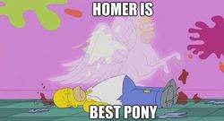 Size: 622x336 | Tagged: safe, ghost, horse, pegasus, pony, barely pony related, best pony, eyes closed, floating, flying, frown, homer simpson, image macro, implied death, lidded eyes, male, on back, smiling, spread wings, the simpsons, wings