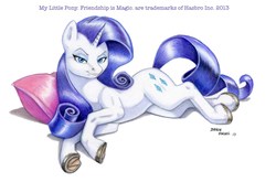 Size: 1400x925 | Tagged: safe, artist:baron engel, rarity, pony, unicorn, g4, anatomically correct hooves, colored pencil drawing, female, frog (hoof), hooves, looking at you, pillow, solo, traditional art, underhoof