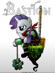 Size: 1200x1600 | Tagged: safe, artist:moo, rarity, pony, g4, bastion (game), crossover, dirt cube, game cover, parody, solo, the kid, video game