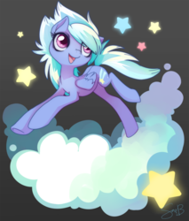 Size: 800x941 | Tagged: dead source, safe, artist:sambragg, cloudchaser, pegasus, pony, g4, cloud, cute, cutechaser, eye clipping through hair, female, mare, open mouth, smiling, solo, stars