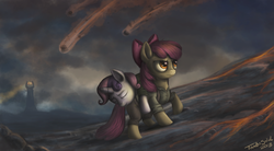 Size: 1950x1075 | Tagged: safe, artist:turbosolid, apple bloom, sweetie belle, earth pony, pony, unicorn, g4, barad-dûr, clothes, crossover, duo, eye of sauron, female, filly, foal, frodo baggins, lord of the rings, parody, samwise gamgee, sauron, the one ring