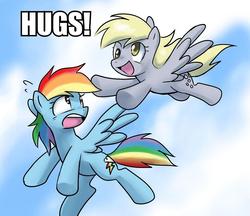 Size: 800x692 | Tagged: safe, artist:johnjoseco, edit, derpy hooves, rainbow dash, pegasus, pony, g4, duo, female, flying, hug, image macro, mare, sky