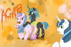 Size: 1500x1000 | Tagged: dead source, safe, artist:elenaboosy, princess cadance, queen chrysalis, shining armor, g4, clothes, gangster, graffiti, hoodie, rebel, teenager