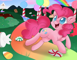 Size: 1500x1159 | Tagged: safe, artist:lustrous-dreams, pinkie pie, earth pony, pony, g4, candy, castle, female, happy, rainbow, solo