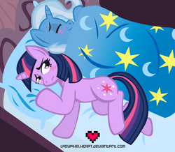 Size: 3498x3047 | Tagged: safe, artist:ladypixelheart, trixie, twilight sparkle, g4, bed, blushing, female, frown, lesbian, ship:twixie, shipping, sleeping, smiling