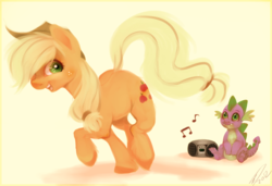 Size: 1600x1096 | Tagged: safe, artist:imalou, applejack, spike, dragon, earth pony, pony, g4, boombox, dancing, female, male, music, ship:applespike, shipping, straight