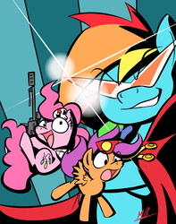 Size: 3000x3800 | Tagged: safe, artist:red-poni, pinkie pie, rainbow dash, scootaloo, g4, glasses, gun, kamina, parody, tengen toppa gurren lagann