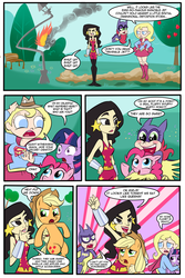 Size: 1000x1500 | Tagged: safe, artist:madmax, applejack, pinkie pie, twilight sparkle, earth pony, pony, unicorn, g4, batgirl, boots, clothes, comic, crossover, dc comics, miniskirt, shoes, skirt, socks, super best friends forever, supergirl, thigh boots, thigh highs, unicorn twilight, wonder girl