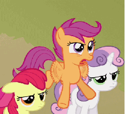 Size: 416x378 | Tagged: safe, screencap, apple bloom, scootaloo, sweetie belle, earth pony, pegasus, pony, unicorn, g4, one bad apple, angry, animated, apple bloom's bow, blank flank, bow, cutie mark crusaders, expressive bow, female, filly, flapping, flapping wings, floppy disk, fluttering, flying, foal, frown, gif, hair bow, open mouth, scootaloo is not amused, spread wings, talking, wings