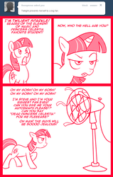 Size: 700x1100 | Tagged: safe, artist:madmax, twilight sparkle, madmax silly comic shop, g4, comic, fan, pun, twilight sparkle is not amused, unamused