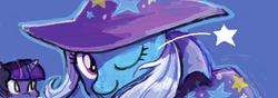 Size: 600x210 | Tagged: dead source, safe, artist:stripestocking, trixie, twilight sparkle, g4, smiling, wink